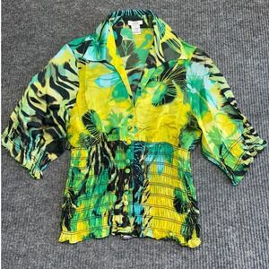Y2K Cache Silk Blend Top Green L Ruched Jungle Animal Floral Print VTG